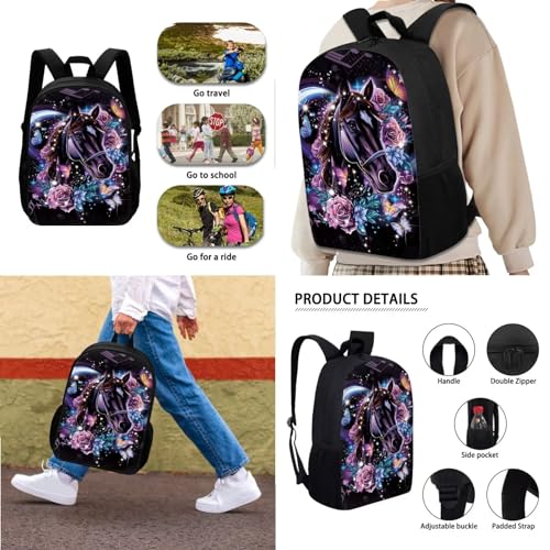 Xoenoiee Horse Butterfly Floral Music Pattern 3Pcs Backpack and Lunch Bag Set for Kids School Bag Junior Teens Bookbag Lightweight Schoolbag Bag Pack 3 in 12