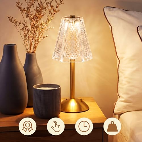 Image of Liliful 2 Pcs Cordless Table Lamp Rechargeable Touch LED Small Gold Portable Battery Operated USB-c Desk Lamp 3 Color Dimmable for Bedroom Living Room Dining (Gold,Hexagonal Diamond Style)