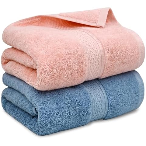 Cleanbear Ultra Soft Bath Towel Set of 2, 100% Cotton Towels for Shower, Spa or Swim Use, Medium Weight Extra Absorbent Bath Towels 55 x 27 1/2 Inches (Pink, Blue-Grey) Cover