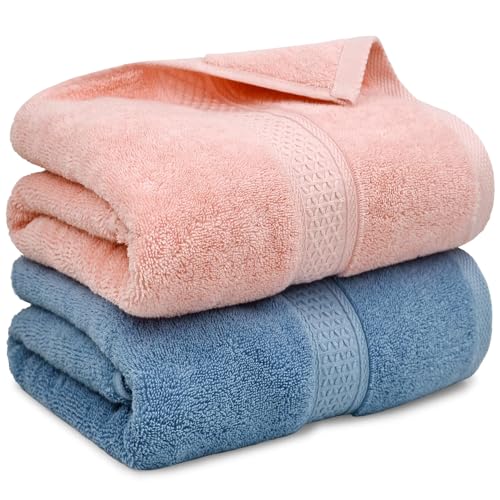 Cleanbear Ultra Soft Bath Towel Set of 2, 100% Cotton Towels for Shower, Spa or Swim Use, Medium Weight Extra Absorbent 55 x 27 1/2 Inches (Pink, Blue-Grey)
