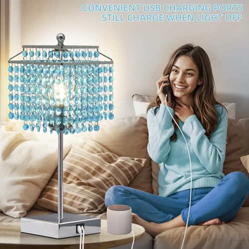 Image of Luvkczc Crystal Table Lamp with Touch Control, Bedside Crystal Table Lamp | with USB C+A Ports, Dimmable Lamp for Girls Bedroom, Living Room, Light Blue & B11 LED Bulb Included