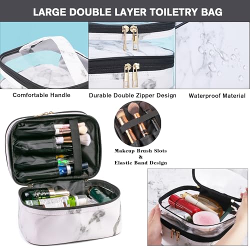 FITINI Makeup Bags Double Layer Travel Storage Cosmetic Cases Make up Organizer Toiletry Bags Water-resistant for Women Makeup Brush Bag,White Marble3