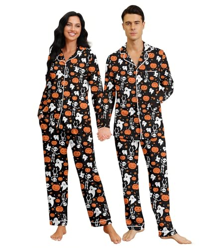 RAISEVERN Matching Halloween Pajamas Couples 2 Piece Long Sleeve Women Pjs Skeleton Pumpkin Button-Down Shirt and Drawstring Pant Pyjama Set Soft Sleepwear Warm Loungewear