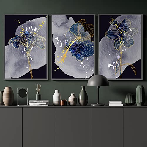 Framed Canvas Wall Art For Living Room Bathroom Bedroom Office, 3 Pieces Modern Art Wall Decor Luxury Black And Gold Floral Wall Art Set #TOP3