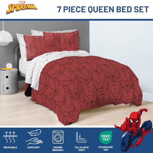 Image of Marvel Spiderman Queen Comforter Set 7 Piece Bedding for Boys, Red