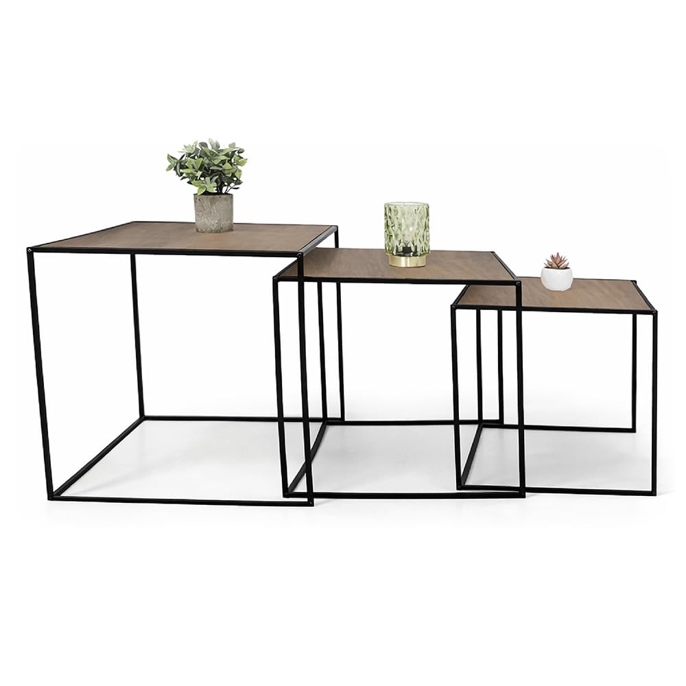 Set 3 Tavolini da Salotto Quadrati 35X40h, 40X45h, 45X50h CM - Sovrapponibili, Struttura in Metallo, per Soggiorno, Ufficio, Design Moderno, Salvaspazio, Locali - Effetto (Legno Scuro)