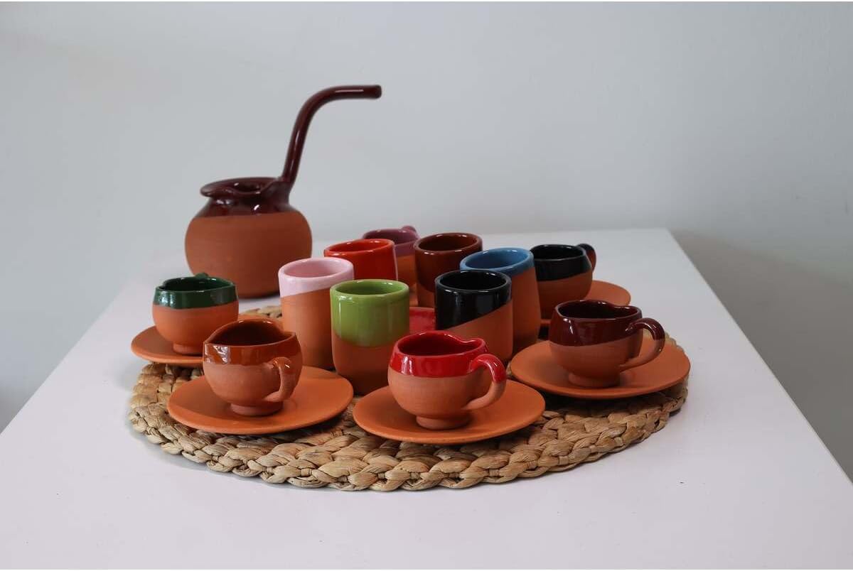 SODEF Coffee Cup Set Heart Design, 6 Person Ceramic Set with Coffee Pot and Water Glasses, Mother's Day Theme - Brown, One Size
