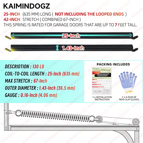 Pair Of 130Lb. Heavy Duty Garage Door Extension Springs Stretch Springs,25” Long, Double Loop Ends, High Precision Electrophoresis Black Coated,Min 16,000 Cycles,For 7Ft High Garage Doors Replacement #TOP1