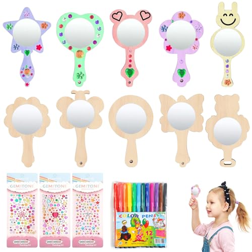 SPHERETRON espejo de madera artesanal niños cumpleaños,mini espejo de madera,10 niños espejo de madera con mango,12 lápices de acuarela y 3 pegatinas de diamantes