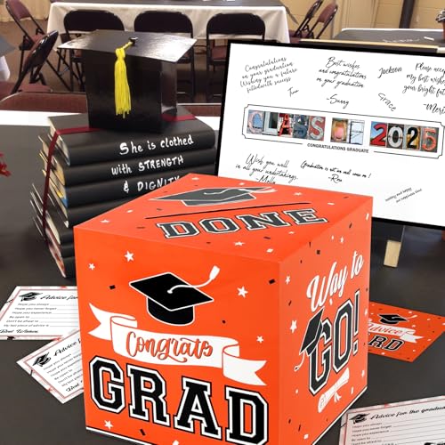 Image of DAZONGE Modern Orange Graduation Card Box with 30 Advice Cards and Signature Board for Class of 2025 Graduation Party Decorations