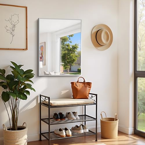 Image of COFENY Silver Bathroom Mirror for Wall, 24x32 Inch Rectangle with Metal Frame, Modern Vanity for Bathroom Living Room, Entryway Hangs Horizontal or Vertical