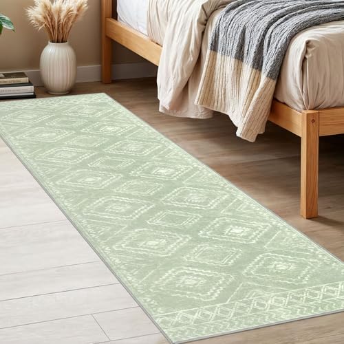 KILOCOCO Boho Kitchen Runner Rug 2x6 Washable Soft Runners for Hallways Non Slip Printed Distressed Laundry Room Rugs, Low-Pile Rugs for Entryway/Bedroom/Living Room, Grey Green
