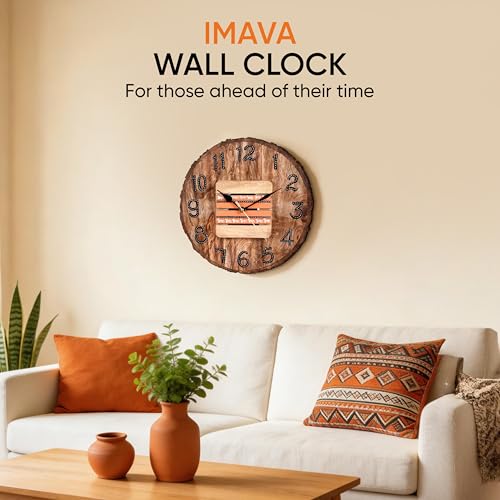 Image of AAKRITI ART CREATIONS Wall Clock Handcrafted Wooden Log Dial Natural Brown | Wall Clock for Home, Home Decoration | Warli Art Wall Hanging, Lightweight Mango Wood wall Decor | Matte Finish Wooden