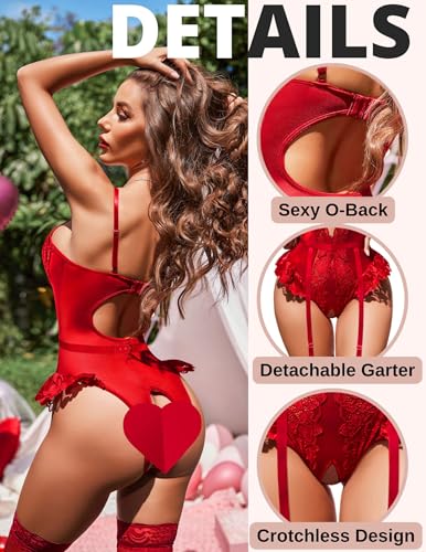 Image of Avidlove Lingerie for Women Mesh Lace Bodysuit Sexy Wireless Garter Lingerie Set Teddy Lingerie(No Stockings)