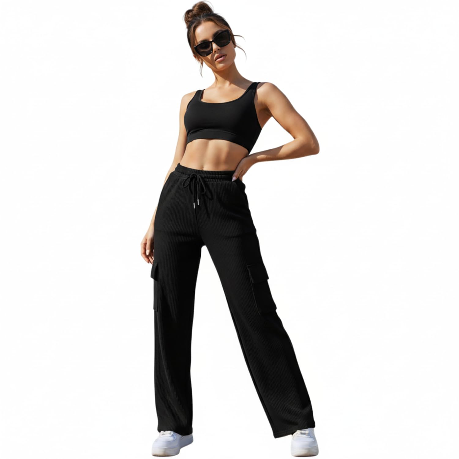 Libas Stretchable Ribbed Cargo Trousers for Women with 4 Pockets | High Waist Lycra Wide Leg Pants | Slim Fit Bottomwear in neutral