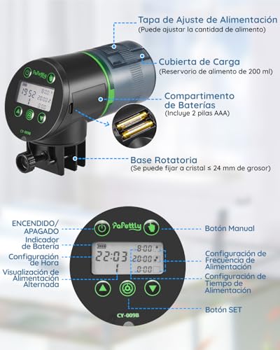 Miniatura 7 de Papettly Alimentador Automatico Acuario - 200ml Pantalla Lcd Comedero Automatico Peces Con Temporizador De Vacaciones Para Tortugas Peceras, Con 2 Baterías Aaa Dispensador Comida Peces Anillo, Negro