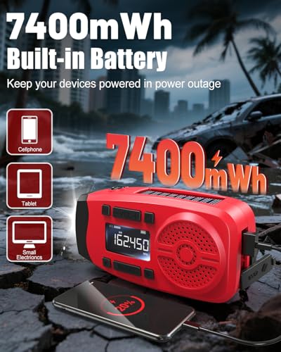 Image of Runningsnail Emergency Weather Radio, 7400mWh Hand Crank Emergency Radio with LCD Display, Support Weather Alert Radio, USB /Solar /Hand Crank, 1W Flashlight & SOS Alarm for Outdoor & Home Emergency