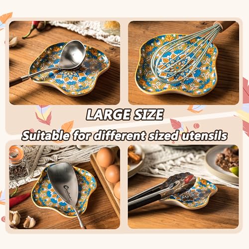 Image of Large Ceramic Spoon Rest for Stove Top, Boho Kitchen Decor | Spoon & Utensil Holder for Coffee Spoons, Ladles, Tongs & Spatula - Keeps Countertops Neat, Easy to Clean, Orange