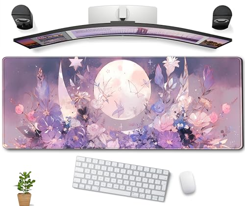 Cool Kawaii Pastel Purple Floral Desk Mat Mouse Pad Large Gaming Mousepad Spiritual Full Moon XL Extended Desk Pad Laptop Keyboard Mouse Mat, Cute Deskmat for Women Office Decor 31.5''x11.8''
