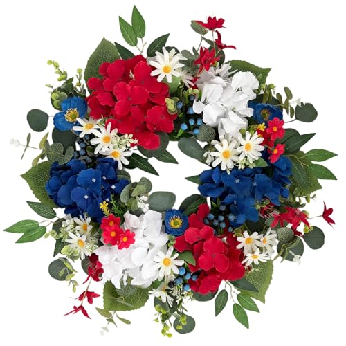 20 Inch 4th of July Wreath, Patriotic Wreaths for Front Door, Red White Blue Hydrangea Flower Wreaths with Daisy for Memorial Day,Independence Day Wreath for Front Door Wall Window Decor