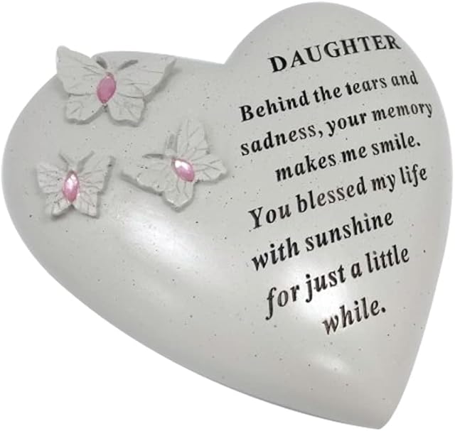 Personalised Grave Ornament/Memorial Plaque with Heart With 3 butterflies & Blue Gems | Graveside Decoration Gift in the Loving Memory of your Loving Deceased Ones (Daughter)