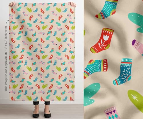 Image of Soimoi White Cotton Canvas Fabric Socks & Gloves Folk Art Print Sewing Fabric Meter 56 Inch Wide