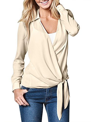 Fashare Womens Chiffon Blouses Wrap Top Tie Front Long Sleeve Casual Surplice Shirt Beige
