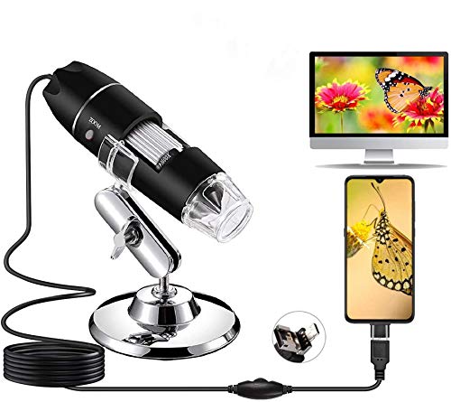 Microscopio Digital USB 1080P 50X a 1600X 8 LED Digital Mini Cámara de endoscopio con Adaptador OTG y Soporte, Microscope Compatible con Android Windows 7 8 10 Linux Mac