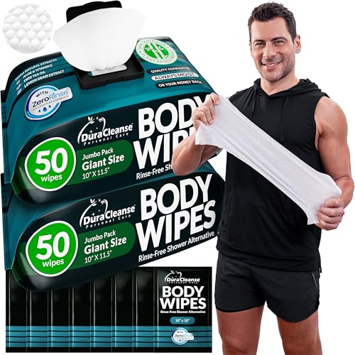 Image of XL Body Wipes for Men - Deep Clean - No Rinse Camping & Gym Wipes - 100 Ct | Extra-Thick 60 GSM Viscose Cloth, Stays Moist Hiking & Hunting, Tea Tree & Lemongrass, PHA & Zinc Odor Control, 10x11.5 in