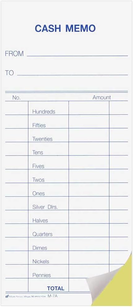 2-Part Carbonless Cash Transfer Memo Pads 2.75 x 6.25 Inches with Stub Pack of 500 White and Canary Duplicate Pages Blue Ink Detailed Cash Transaction Form
