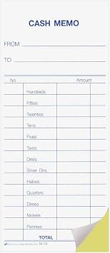 2-Part Carbonless Cash Transfer Memo Pads 2.75 x 6.25 Inches with Stub Pack of 500 White and Canary Duplicate Pages Blue Ink Detailed Cash Transaction Form