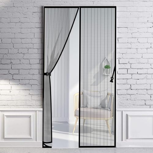 Image of KARP Fiberglass Mosquito Net for Door with Stay-Open Buckle (110 cm X 210 cm, Black) | Auto-Closing Insect Screen Full Frame Hook & Loop for All Door Types