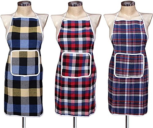 GLUN Waterproof Cotton Kitchen Multi Colour Apron with Front Pocket - Set of 3(Color and Design May Vary)