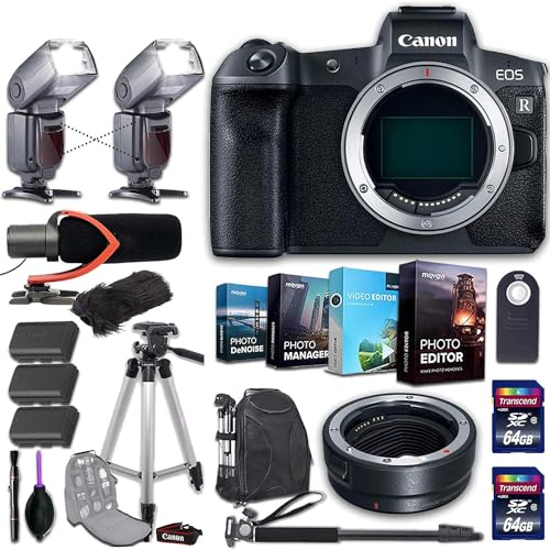 Canon EOS R Mirrorless Digital Camera (Body Only) + 2 Flash System with Deluxe Accessory Kit (4-Pack Photo/Video Editing Software, Pro Microphone w/Windshield and More) (Renewed)