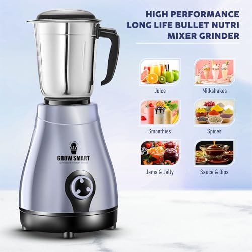 Image of Oreo 750 W Mixer Grinder For Kitchen| 4 Jars (2 Stainless Steel+2 Nutri Bullet Jars) | Smoothie, Chutney & Liquidizing | Powerful Mixing, Grinding & Juicing | 2 Years Warranty | Grey & Black