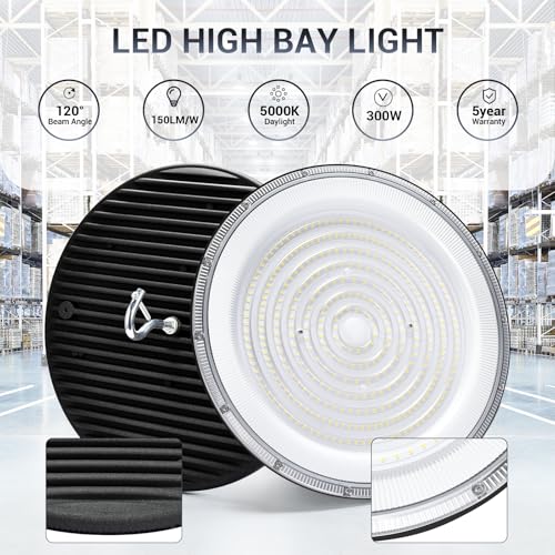 XYCN 6 Pack 300W UFO Led High Bay Light,120VAC,5000K Daylight Commercial Bay Lighting,IP66 Waterproof,45050LM,1300W MH/HPS with Plug Area Lighting for Warehouse/Shop/Workshop/Barn/Gym/Factory — view 2
