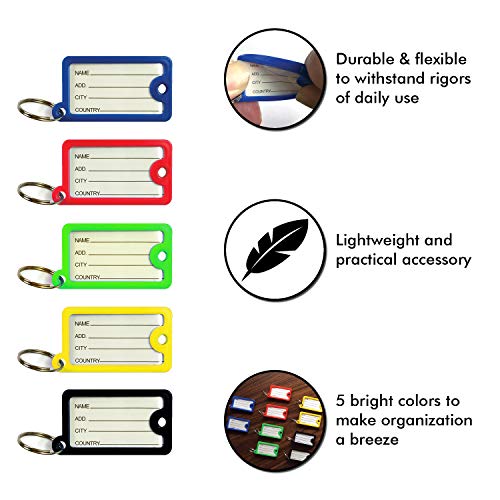 100 Pack Tough Plastic Key Tags With Split Ring Label Window, Coded Id Tags Or Luggage Tags, 5 Assorted Colors #TOP2