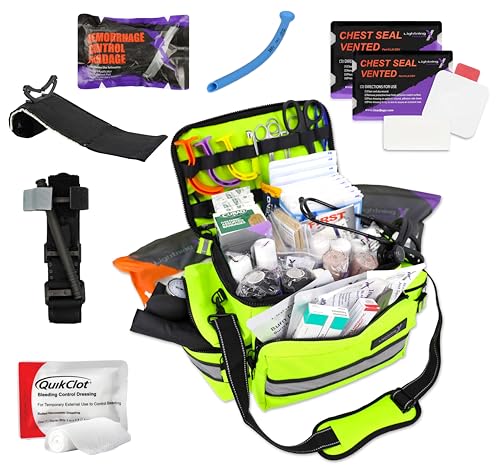 Lightning X Mid-Sized First Responder EMT Bag | LXMB25 | Fully Stocked w/ 248+ First Aid Supplies + Trauma Pak w/C.A.T. Tourniquet & QuikClot - Fluorescent Yellow