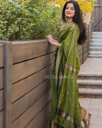 Image of ZECVA Women's Pure Soft Spun Cotton Lichi Silk Saree For Women With Attach Unstitch Blouse Piece