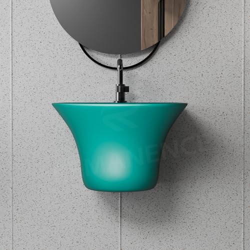Image of REMANENCE Luxury Wall Mount Half Pedestal Wash Basin for Bathroom | Designer Wall Hung Basin | Wall Mounted Washbasin for Resturent, Hotels (16 x 16 x 11 Inch) (Matte Green)