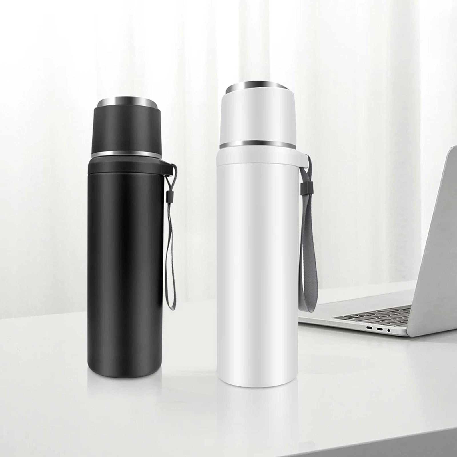 Matraz de vacío de acero inoxidable con taza - Botella de agua con aislamiento de doble pared de 35 oz - Mantiene el líquido caliente o frío, taza para bebidas resistente a fugas,Black