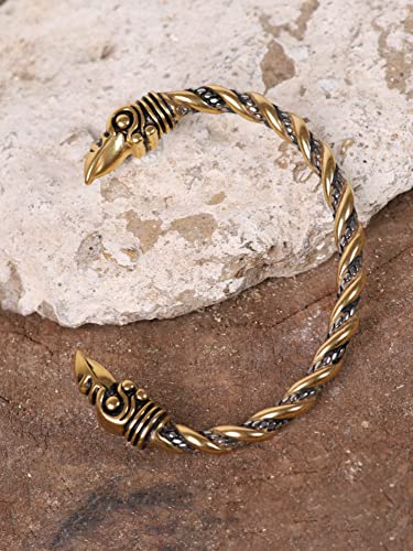 Haquil Gold Plated Stainless Steel Viking Arm Ring Odin Raven Huginn Muninn Head Cuff Bracelet For Men #TOP2