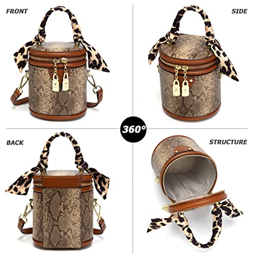 Sweetovo Women Vintage Bucket Handbag Snake Printed Faux Leather Crossbody Shoulder Bag With Double Metal Zipper #TOP1