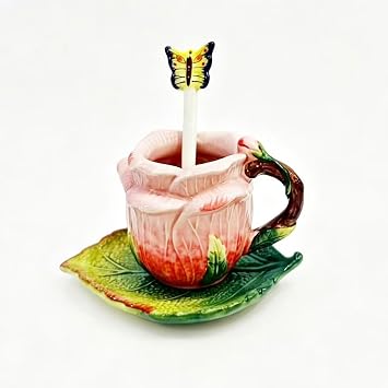 Ceramic Hand-painted Ltalian Espresso Cup Saucer Set, 3D Rose with Butterfly Spoon Design, 90ml/3Oz Pink