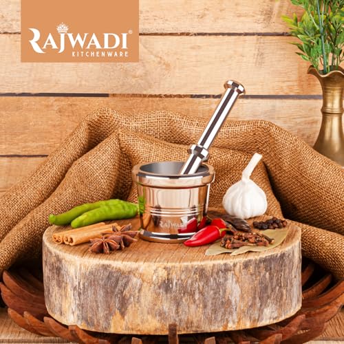 Image of Rajwadi Stainless Steel Mortar & Pestle Set|Spice Mixer|Khalbatta|Okli Musal | hamam | Imam Dasta for Kitchen (1-75x62 mm : 720gm)