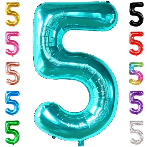 Image of KatchOn Giant Aqua Blue Number 5 Balloon - 40 Inch