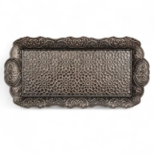 Alisveristime Small Ornate Metal Serving Tray – Ottoman Motif Decorative Tray (14.2' x 7.1', 10.8 oz) (Black)