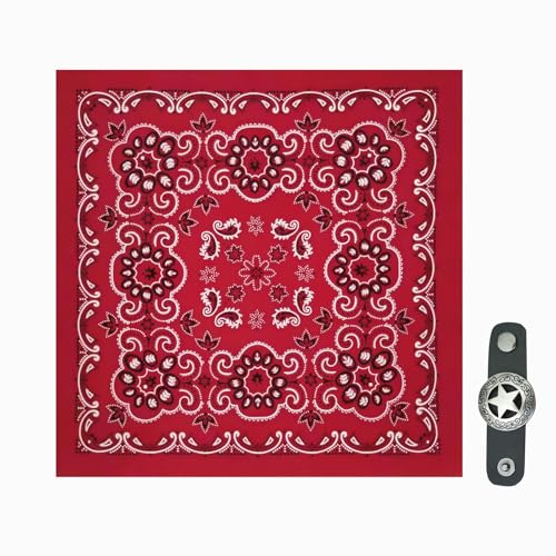 27.5 Inches Western Bandana Scarf With Leather Scarf Buckle,Red Paisley Bandanas Square Headwear,Handmade Leather Square Scarves Buckle Ring,Western Cowboy Neck Scarves for Women Men Gifts