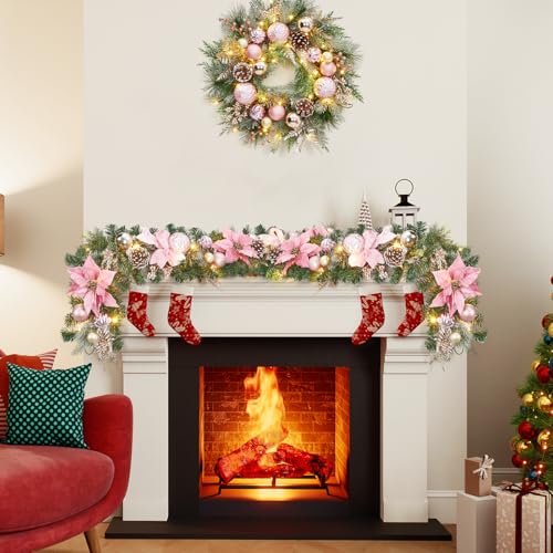 GarveeHome 6ft Pink Christmas Garland with 20 LED Lights, Prelit Xmas Garland for Mantle with Timer Poinsettia Flowers, 8 Lighting Modes, for Indooor Outdoor Fireplace Stairs Railing Decorations
