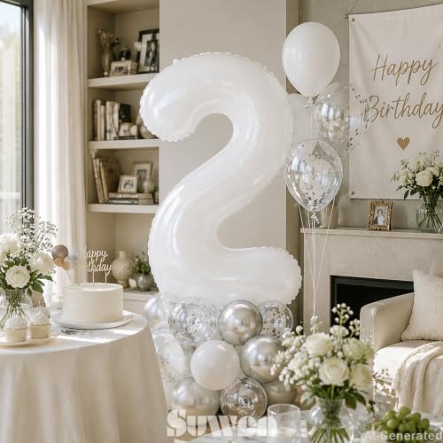 Image of SUWEN 40 Inch White Large 2 Balloon Number Big Foil Helium Numbers 0-9 | Giant Jumbo Happy 2nd Birthday Party Decorations for Men or Women Huge Mylar Anniversary Party Supplies